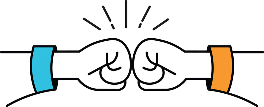 Two cartoon fists bumping with blue and orange cuffs and radiating lines fist bump two hands