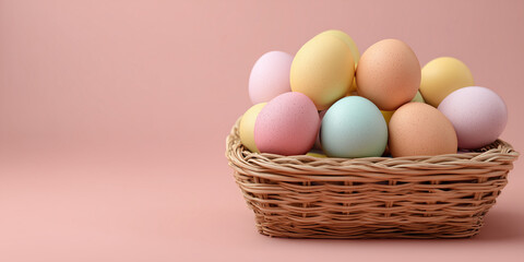Pastel colored easter eggs filling a wicker basket, celebrating the spring holiday. Creating a cheerful festive atmosphere copy space banner
