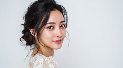 Elegant East Asian woman portrait with soft expression studio lighting lifestyle beauty photography for fashion branding social media use