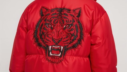 Red puffer jacket with fierce embroidered tiger patch on back, bold fashion trend, streetwear animal motif, modern outerwear style