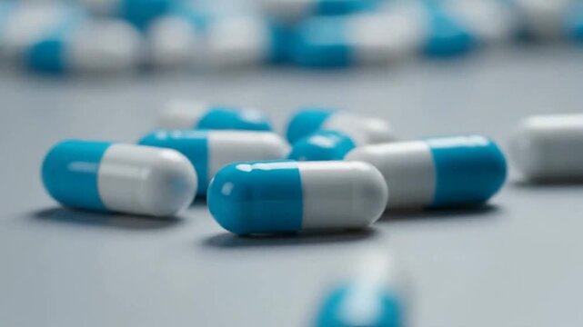 Close up perspective of blue and white pharmaceutical capsules spilling from an unseen container onto a smooth gray surface representing medical treatment availability