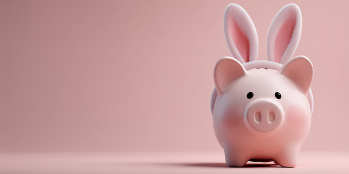Pink piggy bank with bunny ears on a pastel background, symbolizing spring savings, holiday finance, and gifting copy space banner