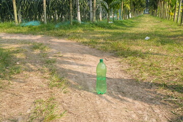 Green Plastic Bottle Left on a Dirt Path in Nature