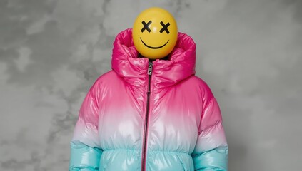 Person with yellow smiley face mask and pink blue gradient puffer jacket on gray background, modern urban fashion, unique expression