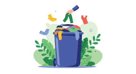 Hand dropping a green garment into a blue bin filled with clothes emphasizes the positive impact of clothing donation and recycling.