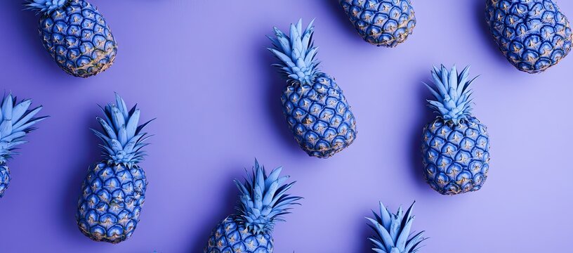 Repeating pattern of blue-dyed pineapples on a rich purple background, giving a whimsical and modern tropical aesthetic - Powered by Adobe