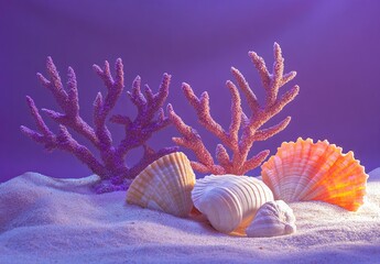 Dreamy tropical beach scene with colorful coral branches, seashells, and white sand illuminated by soft purple and blue lighting