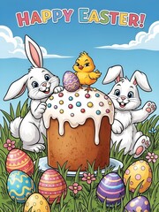 Easter celebration with rabbits and a chick around a decorated cake and colorful eggs in a bright spring setting