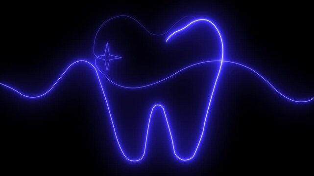Glowing neon Tooth and teeth smile health dental dentistry icon on black background. 4k motion video animation.