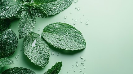 Fresh mint leaves with sparkling water droplets on a soft mint-green background, creating a calm and refreshing aesthetic