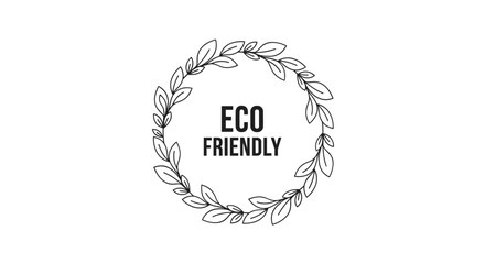 Minimalist black line drawing of a circular leaf wreath with the text eco friendly placed clearly in the center.