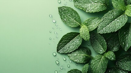 Fresh mint leaves with water droplets arranged along the edge of a soft mint-green background, creating a clean and refreshing composition