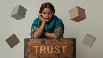 Confident woman leaning on wooden box with trust text surrounded by floating cubes and neutral background
