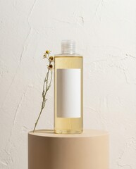 Natural skincare bottle mockup with chamomile on pedestal