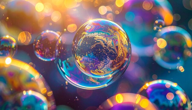 Close up of a highly vibrant iridescent soap bubble with rainbow colors and gold glitter floating against a dreamy magical bokeh background texture
