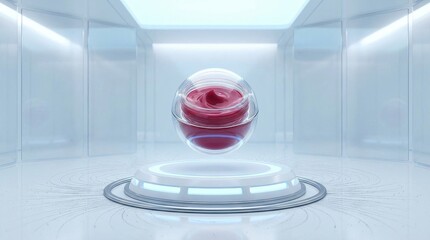 Levitating pink cosmetic jar in futuristic clean laboratory