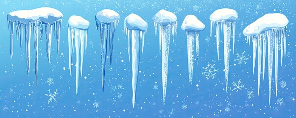Series of snowy icicles hanging against blue background with falling snowflakes, evoking winter atmosphere
