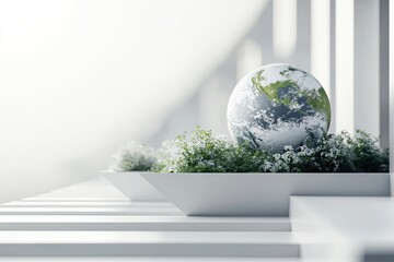 Stylized Earth in a planter with flowers and foliage, set in a modern architectural space with white columns