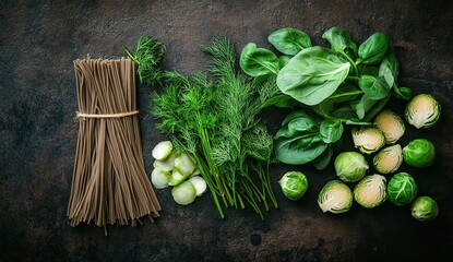  Neatly arranged fresh ingredients including pasta, spinach, dill, onions, and Brussels sprouts on dark surface