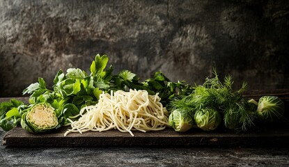 Fresh vegetables and uncooked pasta on rustic wooden surface with dark stone wall background