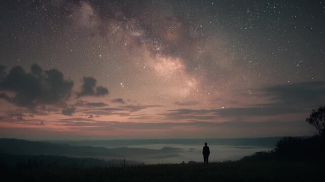 A solitary figure gazes at the breathtaking night sky filled with stars and the enchanting Milky Way, surrounded by serene landscapes under a twilight glow.