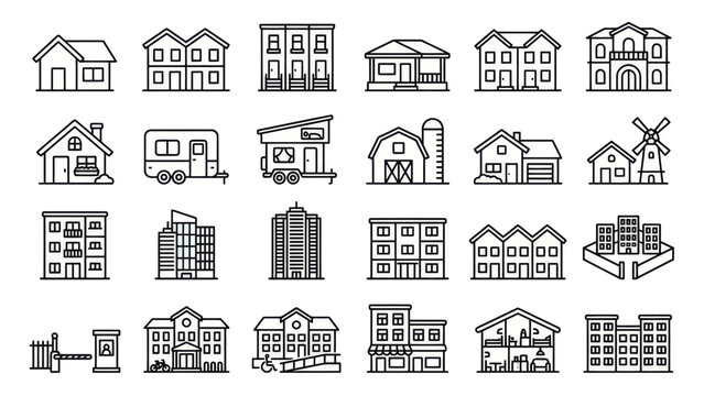 Collection of various handdrawn building and house icons showcasing diverse architectural styles and urban structures. EPS Editable