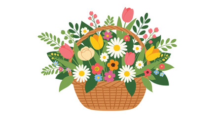 Large wicker basket filled with a variety of colorful spring flowers including tulips and daisies in full bloom.