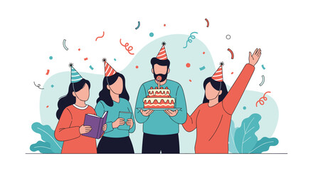 Group of friends wearing party hats celebrating a birthday with a tiered cake and confetti in a happy festive scene.