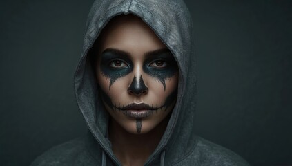 Woman in gray hoodie with dramatic skull face paint, dark makeup, and intense expression on black background