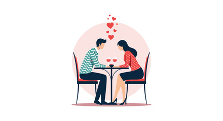 Romantic couple having a dinner date with wine and hearts in a warm and intimate atmosphere inside a circle frame.
