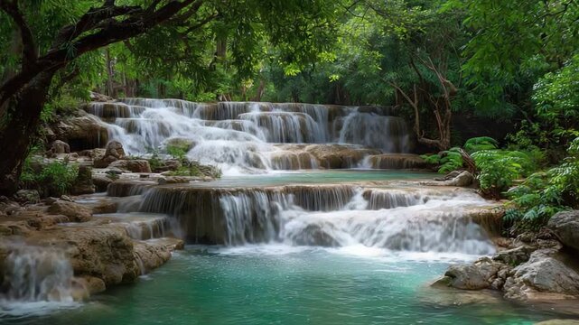A serene landscape featuring a cascading waterfall surrounded by lush greenery. The crystal-clear water flows gently over the rocks, creating a tranquil atmosphere for relaxation.