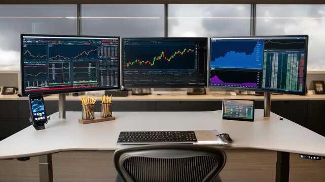 Financial advisors office setup with a sleek standing desk and dual screens displaying market data highlighting productivity and technology use.