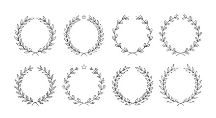 Set of eight different hand drawn circular wreaths made of leaves and berries in black ink style.