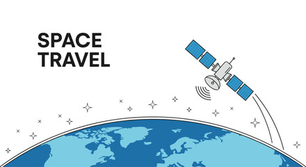 Space travel illustration with a satellite orbiting the earth against a white background with stars.