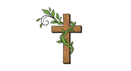 Beautiful hand drawn illustration of a wooden christian cross intertwined with a green leafy vine.