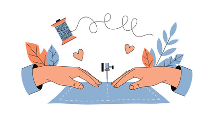 Hands sewing a piece of blue fabric with a needle and thread in a creative fashion workshop illustration.