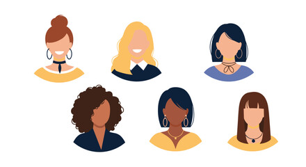 Collection of six diverse female avatars with various skin tones hair styles and colorful accessories.