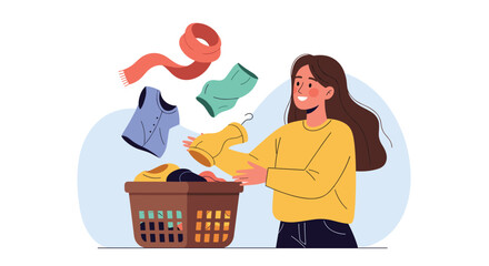 Happy young woman sorting through a basket of colorful laundry in a bright and clean laundry room setting.
