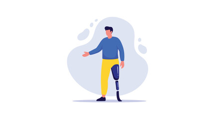 Flat illustration of a man with a prosthetic leg standing confidently against a simple abstract background.