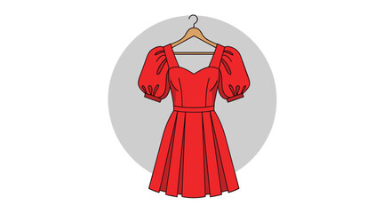 Stylish red dress with puff sleeves hanging on a wooden hanger against a neutral gray background.