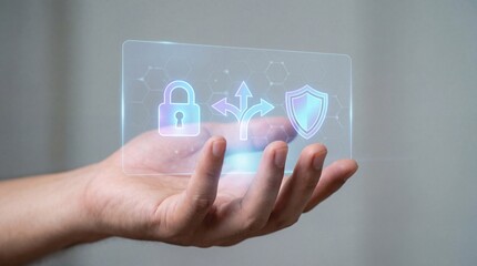 A hand holding a transparent screen with security icons for protection and growth