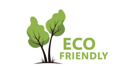 Eco friendly graphic design with two stylized green trees and bold green text on a white background.