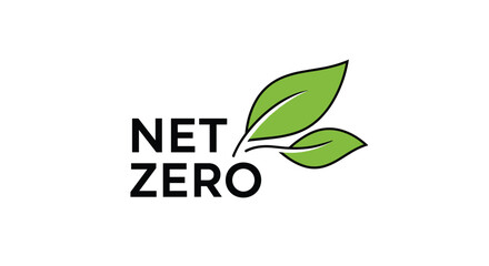 Net zero logo design featuring two green leaves and bold black text on a clean white background.