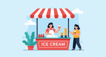 Female vendor serving a delicious ice cream cone to a customer at a colorful outdoor stand under a red and white striped awning.