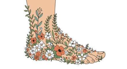 Artistic illustration of a human foot covered in various beautiful blooming wildflowers and green leaves on a white background.