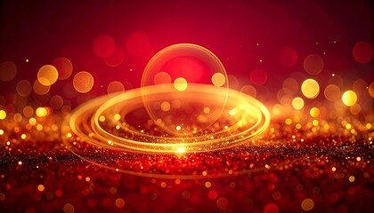 Obraz premium Luxurious bright red and gold bokeh background featuring sparkling glitter dust and glowing abstract light rings perfect for festive holiday designs