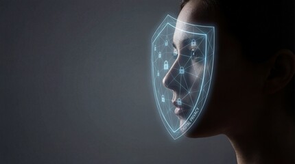 A person with a digital shield and lock icons over their face, representing online security and protection.
