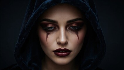 Mysterious woman in dark hood with dramatic makeup and bloody tears, gothic beauty with intense expression