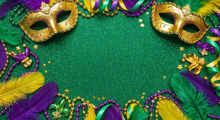 Carnival background with border or frame of venetian masks feathers mardi gras beads and copy space