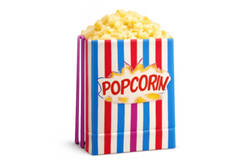 Popcorn snack box with red, white, blue stripes and popcorn text, symbolizing cinema fun and entertainment